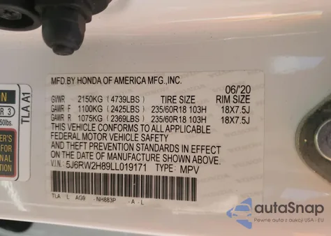 2020 Honda Cr-V Exl из США, поврежденный, VIN 5J6RW2H89LL019171